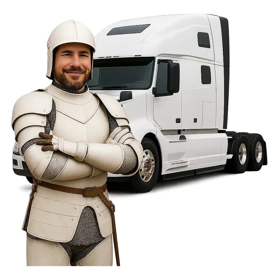 Remove the background, keep only the white knight and the 2022 white Volvo semi sleeper truck with transparent background. sticker