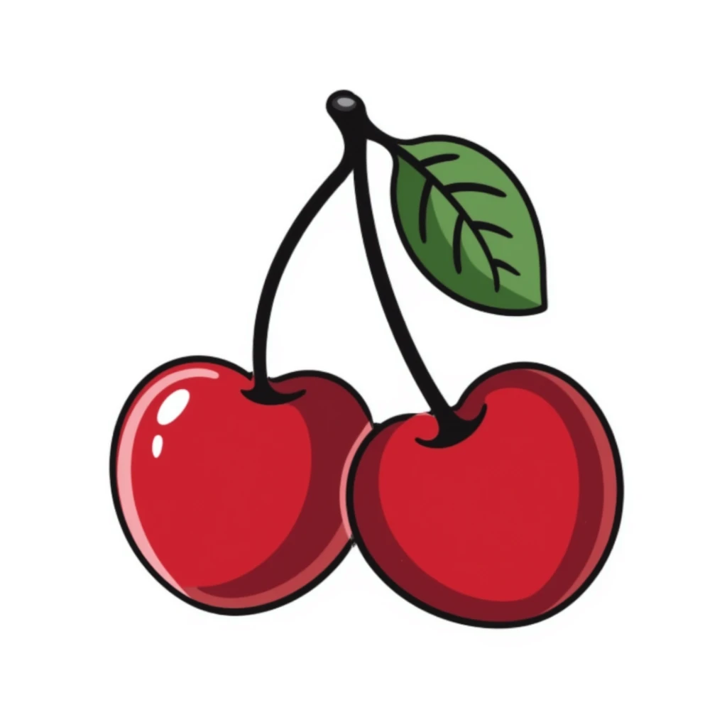 Hand-drawn pair of crimson red cherries with stem and leaves sticker