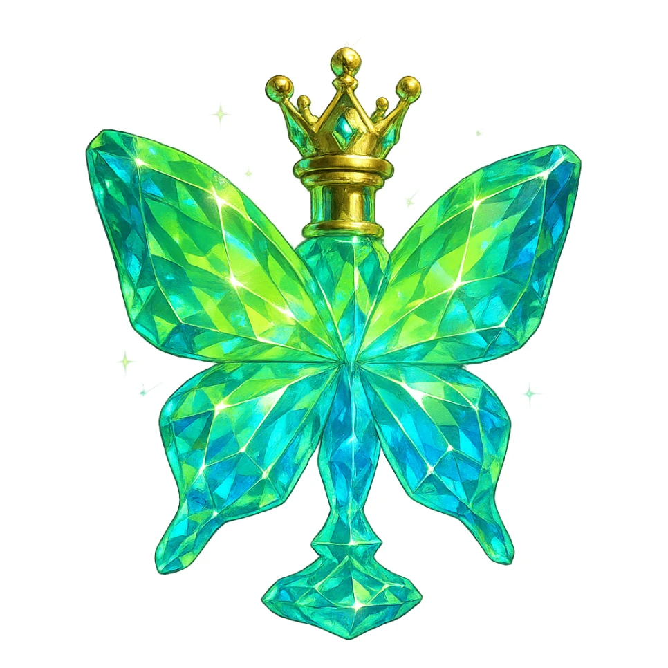 luxurious crystal butterfly-shaped bottle with short neck and princess crown, many facets, glowing and light refractions, green (#c0ff53) and blue colors, golden details, subtle magical effects, transparent background, beautiful connected base, floating in air, no base or shadow, very close to original design sticker