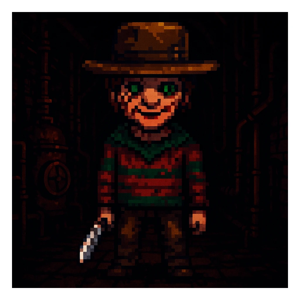 Add a spooky, nightmarish background with a boiler room and dark shadows behind Freddy Krueger, keep pixel art style sticker