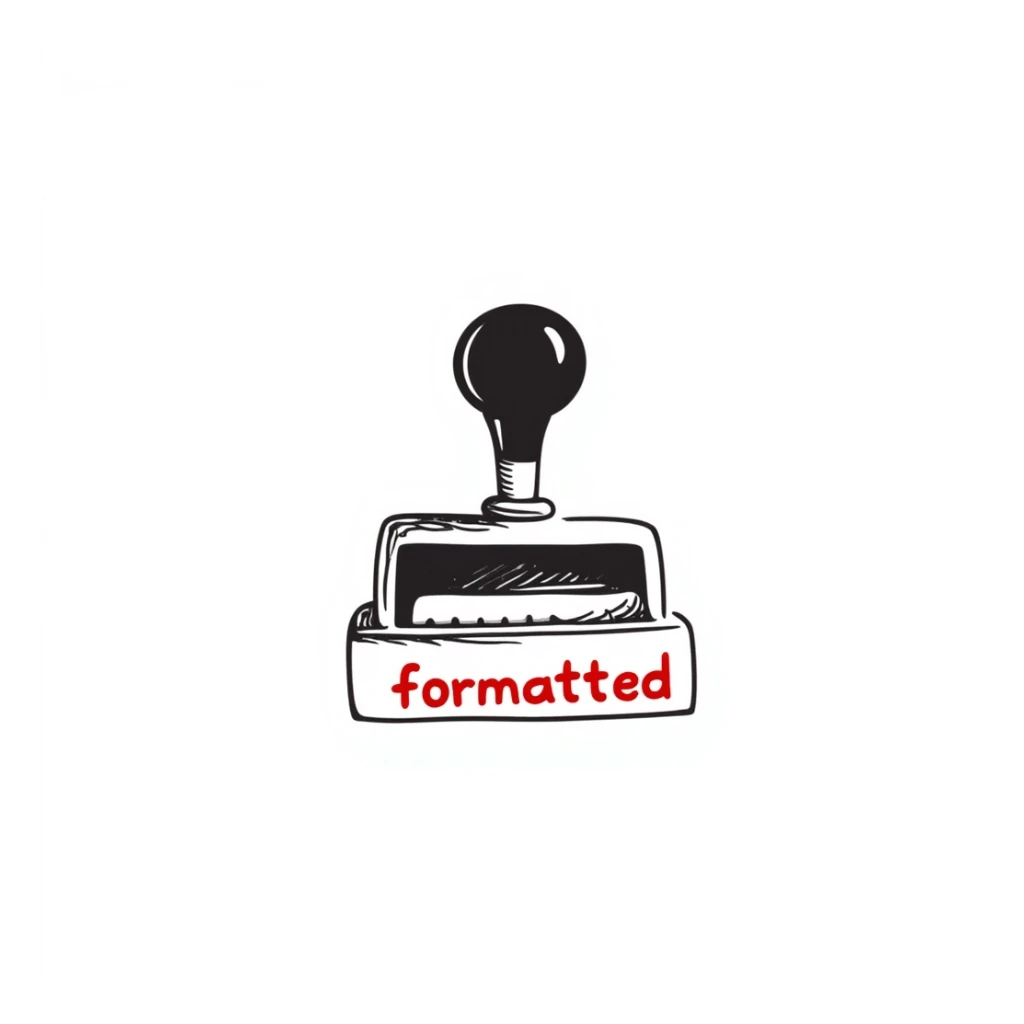 classic rubber stamp with the word 'formatted' in bold red ink, hand drawn doodle style sticker