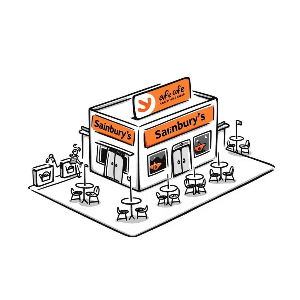 Isometric Sainsbury's supermarket with orange branding, Nectar card logo visible, shopping trolley collection points, and cafe area with outdoor seating sticker