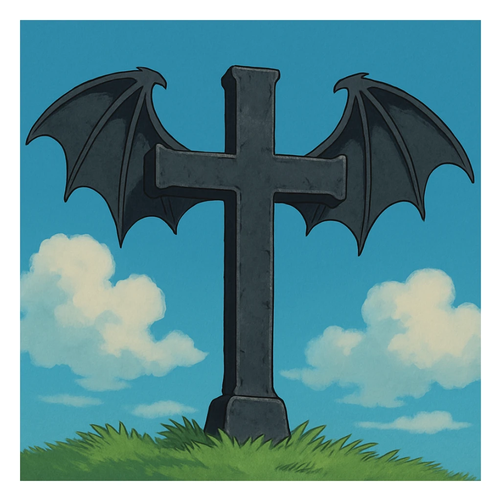 goth cross, with bat wings, Ghibli style sticker
