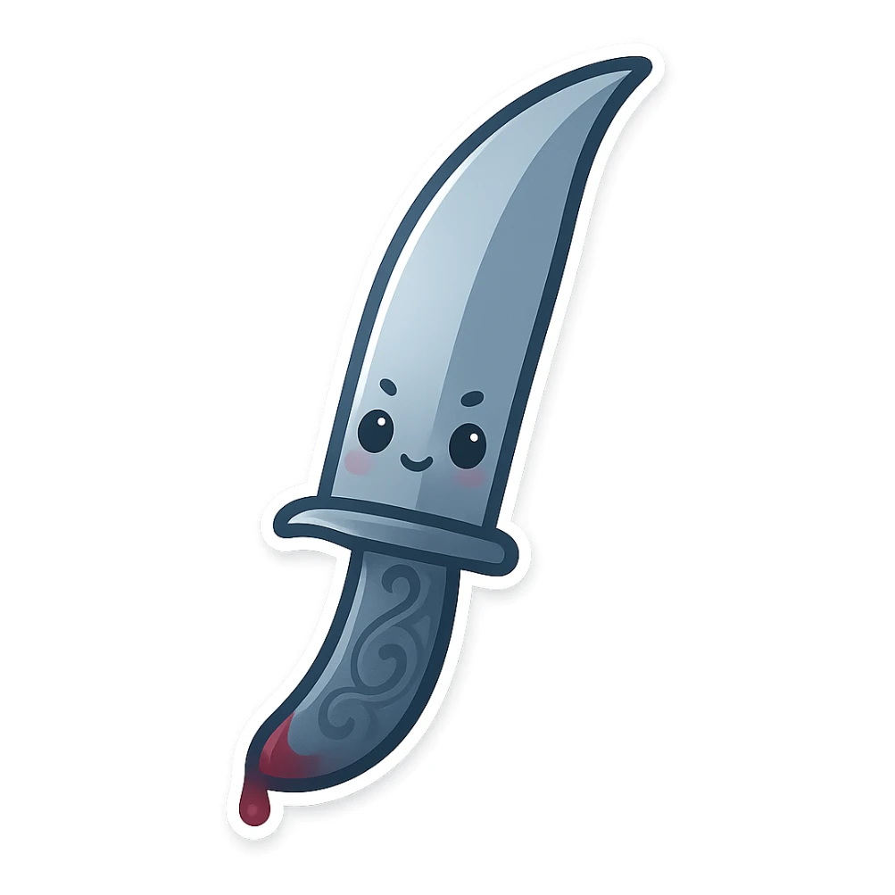 kawaii chibi-style silver knife emoji, elegant curved blade with engraved handle, faint bloodstain on the tip, soft dramatic lighting, minimalist but sharp aesthetic, cold palette blue-gray, symbol of silent assassination sticker