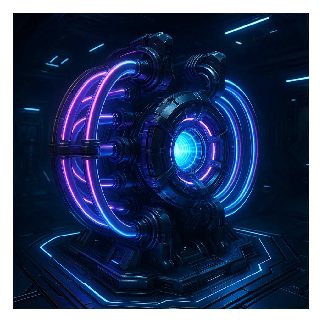 hyperdrive core for a starship, exposed energy coils, blue and purple glow, advanced technology sticker