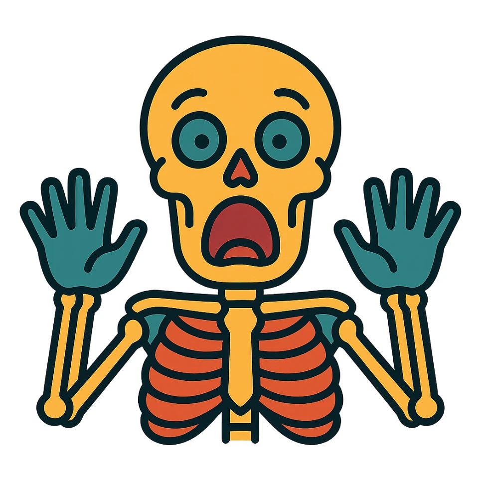 stylized skeleton with dramatic shocked face, jaw dropped, eyes wide, hands up, bold graphic style sticker