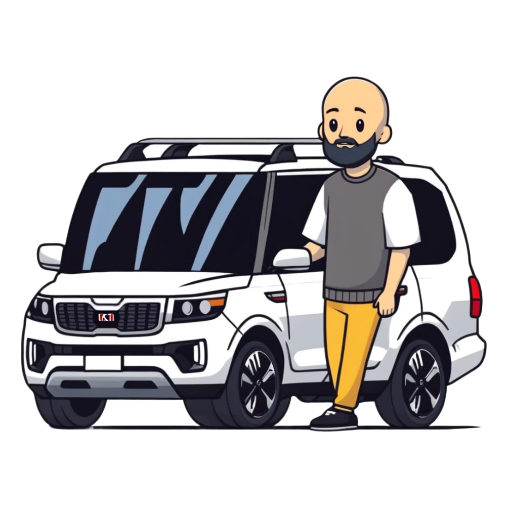bald man with beard standing next to a Kia Mohave SUV sticker