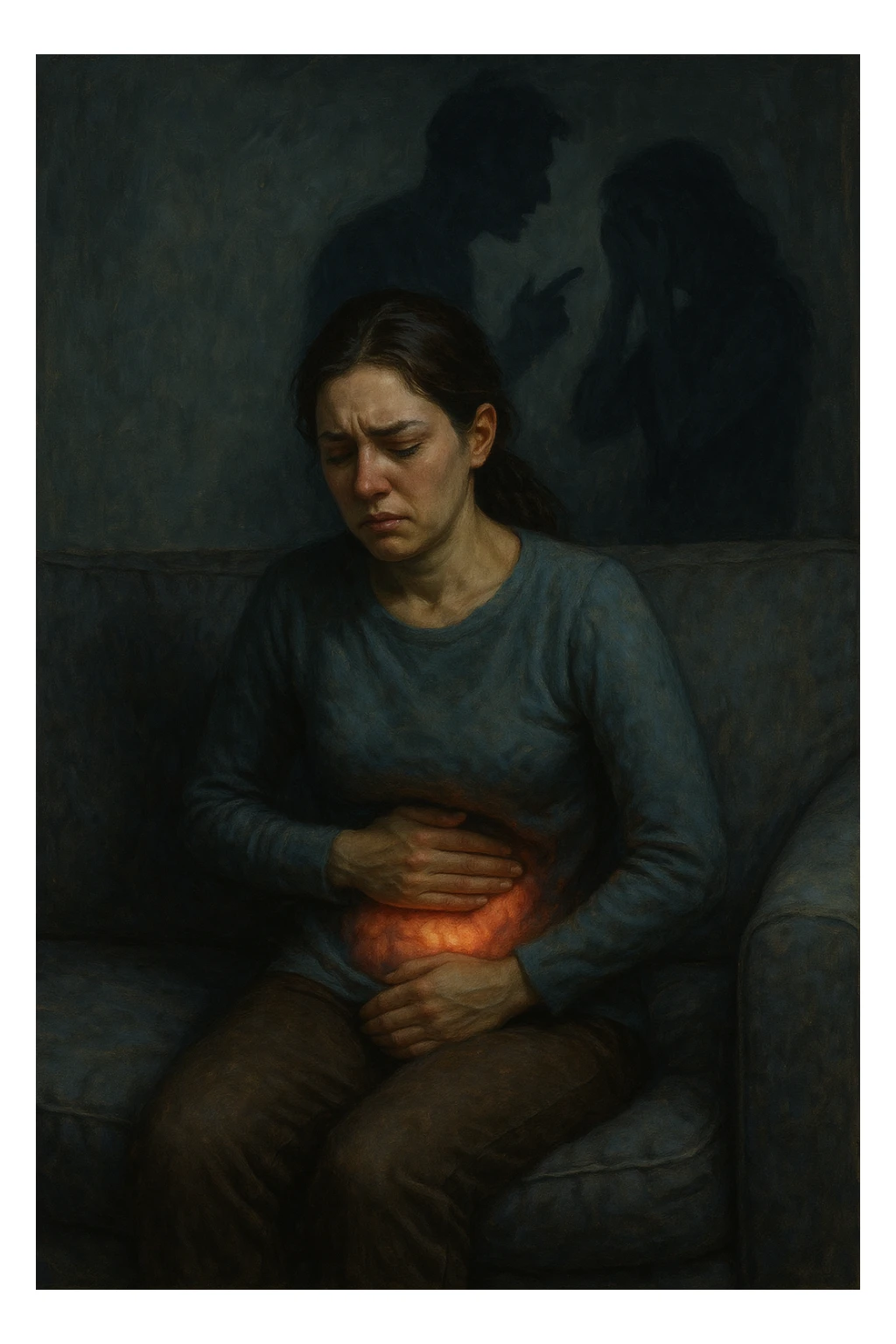 Donna sui 30 anni seduta su un divano, con una mano sull’addome e un'espressione visibilmente provata e triste. Intorno a lei, l’atmosfera è opaca e pesante, con toni freddi. Un’ombra simbolica dietro di lei rappresenta un evento stressante recente (es. un litigio o una perdita). Sul corpo, un lieve bagliore localizzato nella zona intestinale, a simboleggiare il dolore e l'infiammazione. Ambiente domestico, luci basse, emozione visibile. Stile realistico o metaforico con elementi emozionali e viscerali. sticker