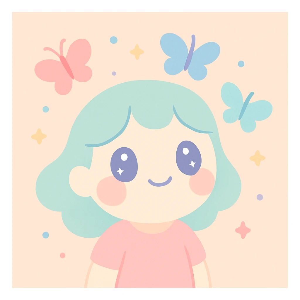 character with butterflies around their head, dreamy expression, pastel colors, soft and whimsical sticker