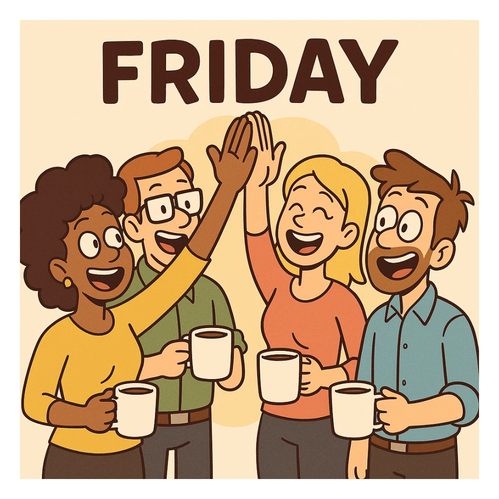 a group high-five with coffee cups in hand, celebrating Friday morning together, bright and colorful cartoon style sticker