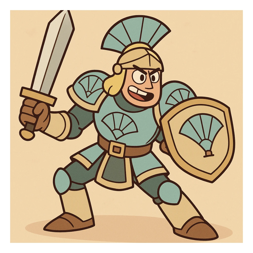 a CNFans warrior, heroic and bold, in a dynamic pose, with armor and a fan motif, vibrant and energetic style sticker