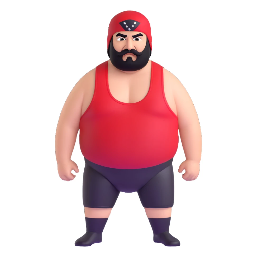 White skin fat guy with prominent black durag, short black beard and mustache, black eyes in a red and black wrestling singlet with angry face sticker