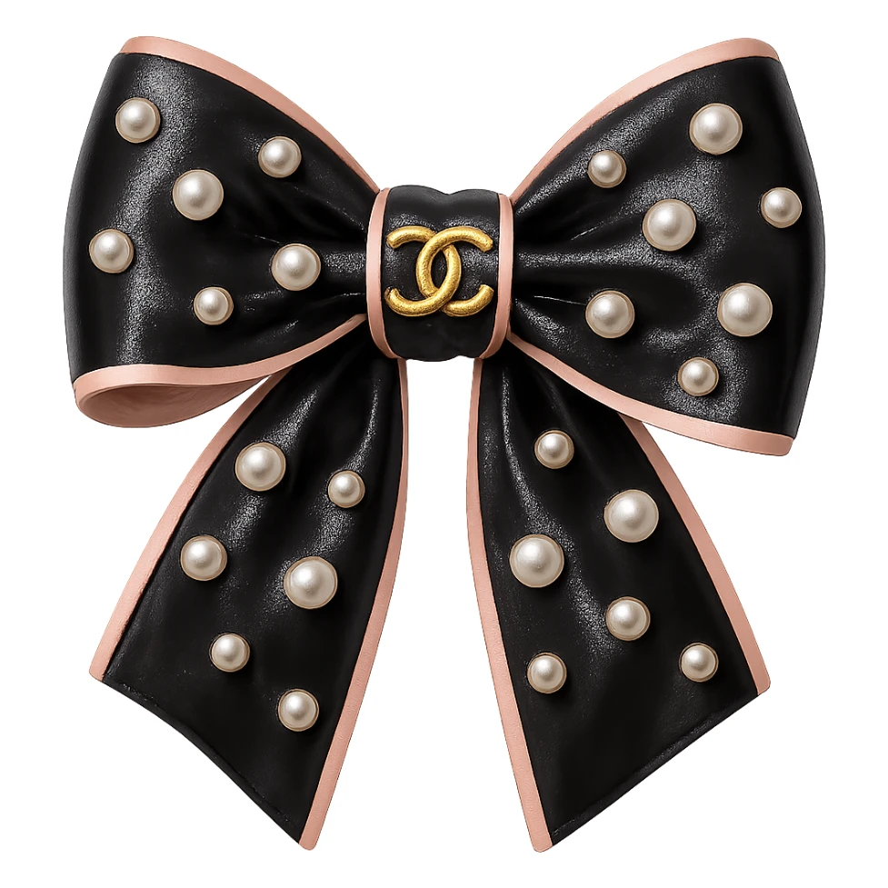 Remove the background, keep only the elegant bow with pearls and gold Chanel logo, glossy, pastel colors, realistic style, with no background. black pink sticker