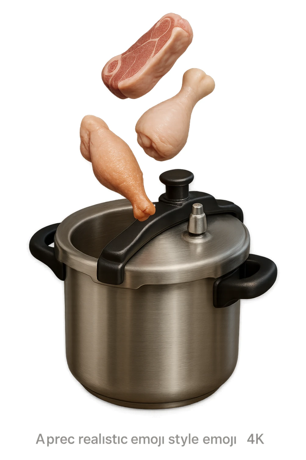 emoji stile iphone in 3d di una pentola a pressione dentro cui cadono agnello, pollo e tacchino crudi da cuocere, iperrealistico 4k sticker
