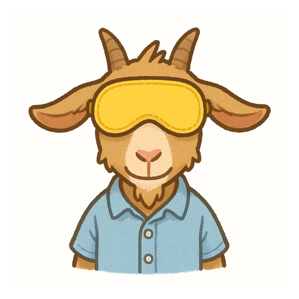 a goat with yellow sleep mask and wearing shirt, front view,  Frontal Top-Down Soft Light, white background, portrait, casual cartoon stylized sticker