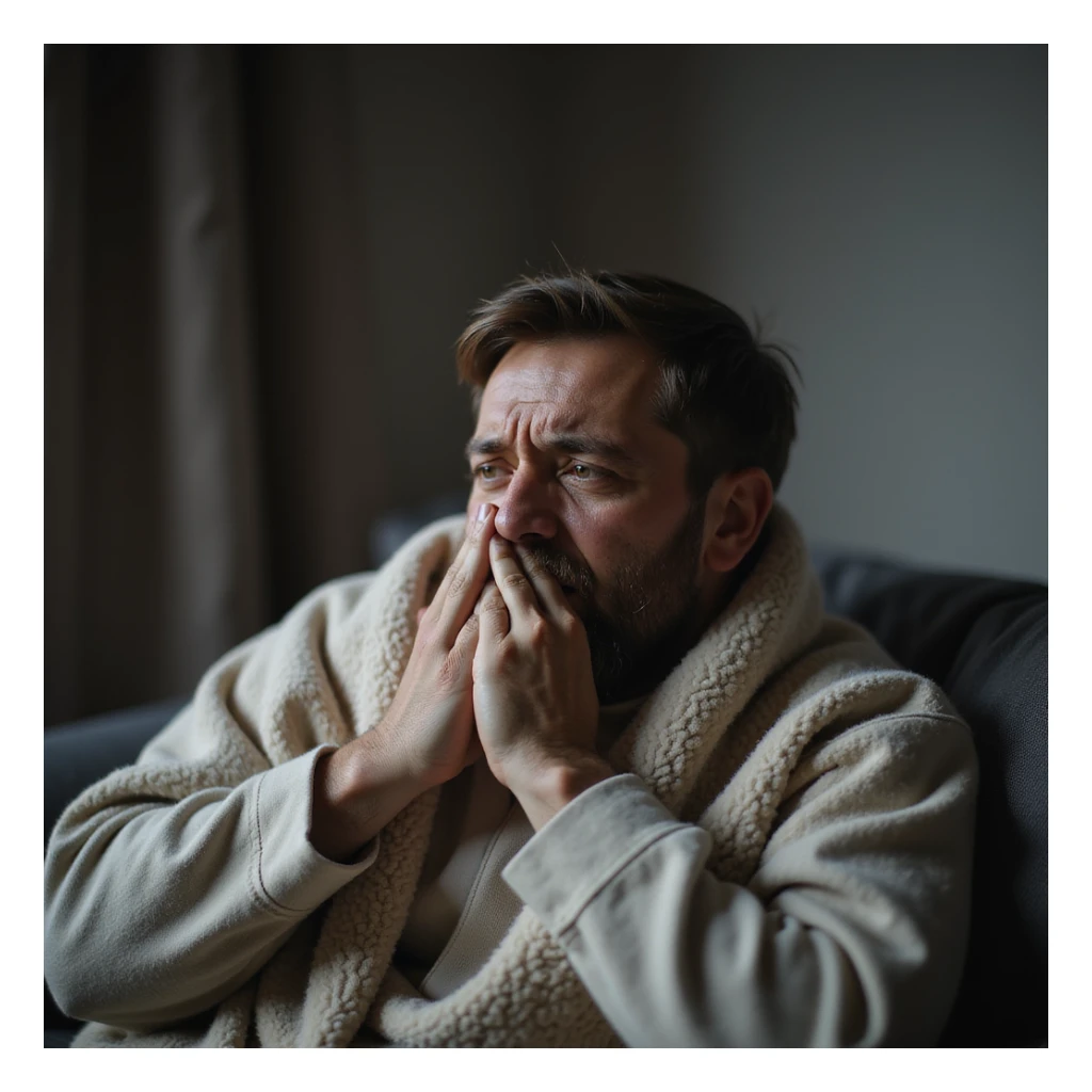 hyperrealistic 4K image of a man coughing, sitting on a sofa with a blanket over his shoulders, tired face and teary eyes, domestic environment sticker