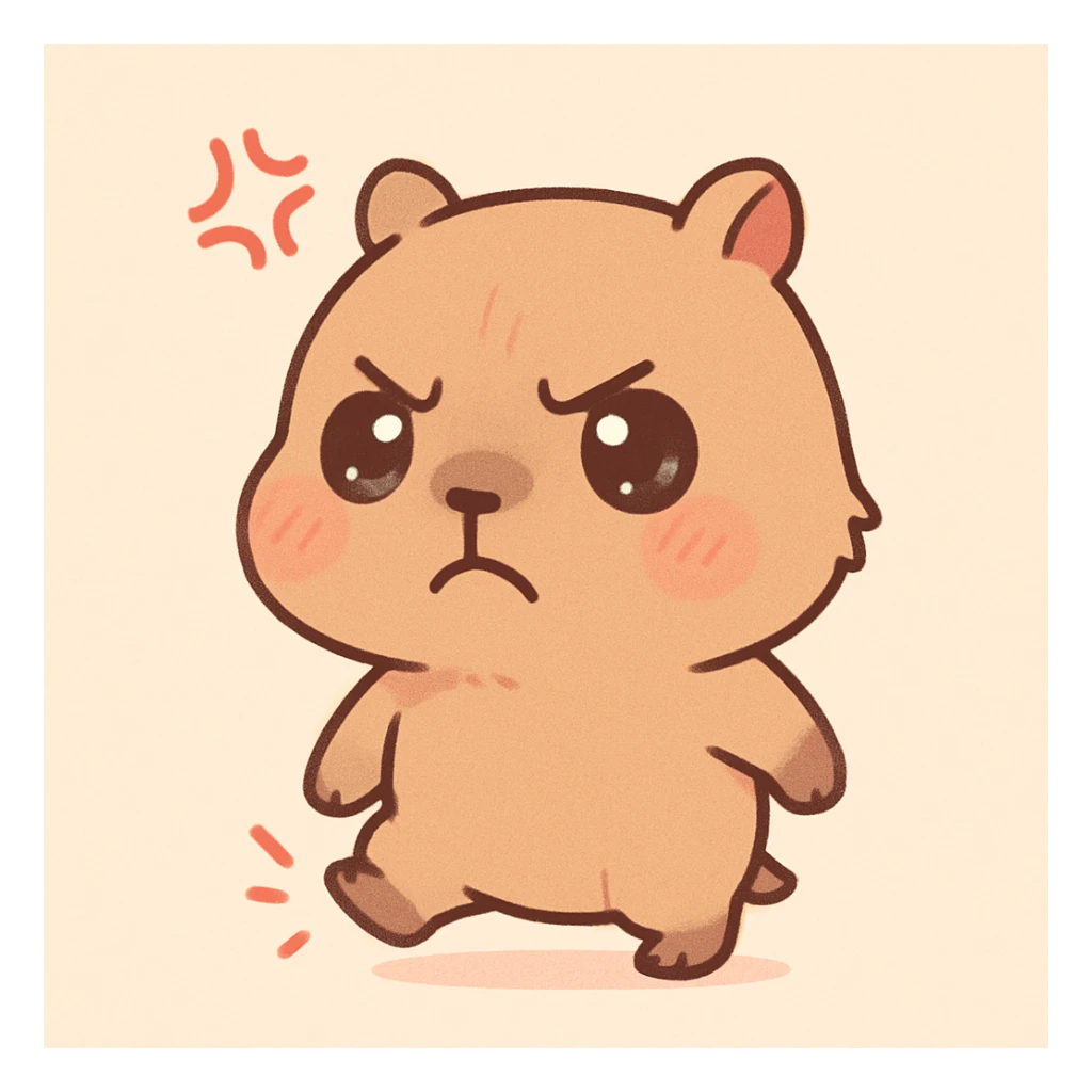 annoyed capybara in chibi anime style, furrowed eyebrows, stomping foot, comic anger symbol, minimal background sticker