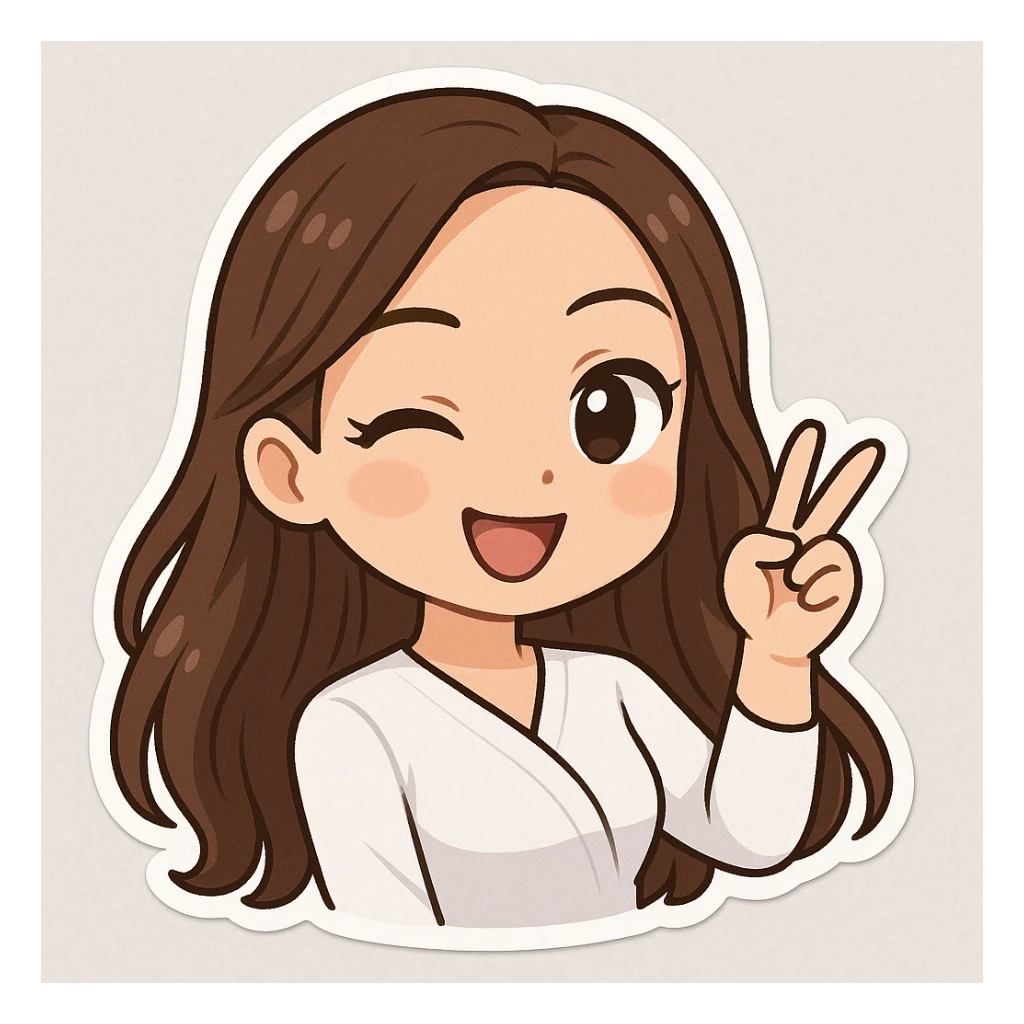 3D bitmoji chibi sticker of the girl from the reference, expressive face and eyes, long brown hair, winking playfully. sticker