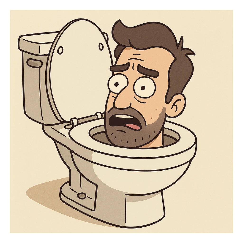 a man's head inside a toilet, humorous, cartoon style sticker