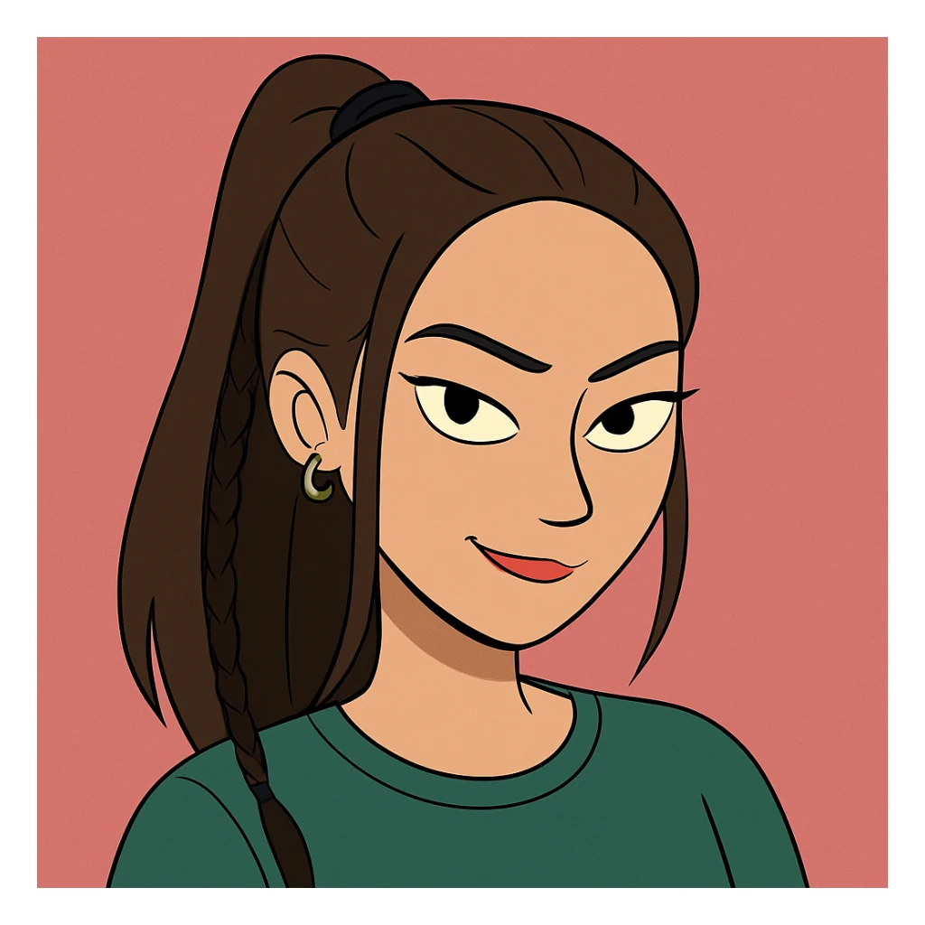 Create a modern cartoon style face closely resembling the girl in the reference image, matching her facial features, hairstyle, and expression. Make it cute with a slightly mysterious or intense vibe, capturing the essence of a contemporary cartoon character. sticker