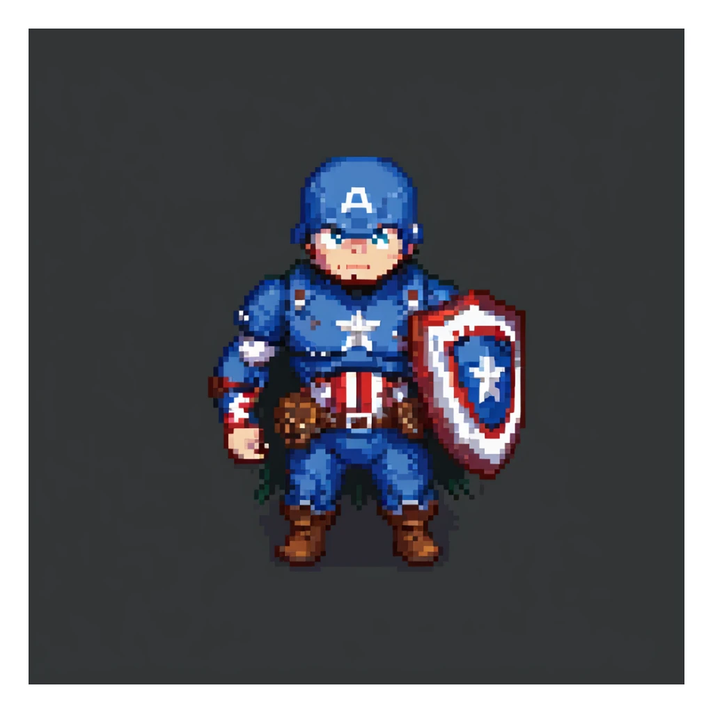 Captain America in pixel art style, holding shield, heroic stance, simple background sticker