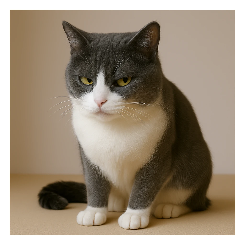 Make the cat look suspicious (sus) with a sly or side-eye expression. Keep the fur only gray on top with no stripes, white nose and underbelly. Render in a realistic, lifelike style with detailed fur texture and natural lighting. sticker