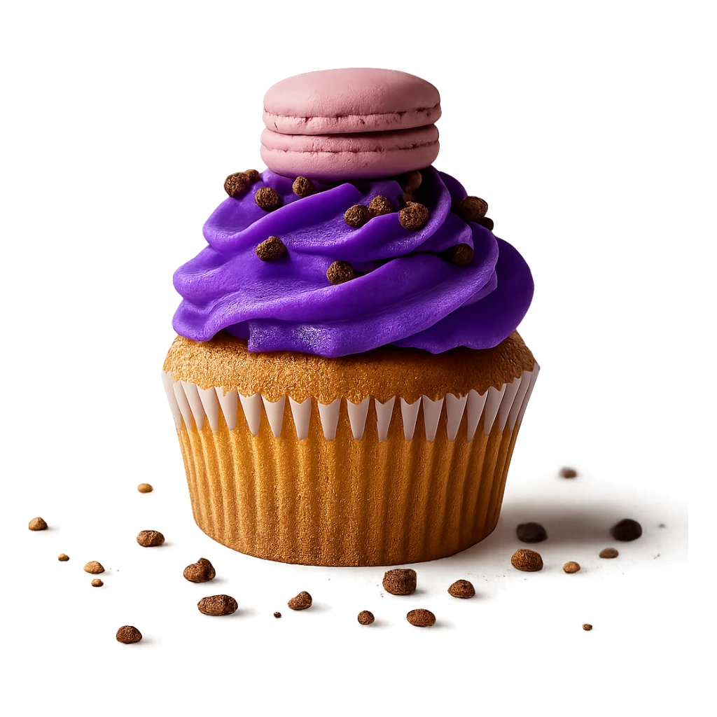 Change the icing to ube flavor with vivid purple, creamy and glossy texture, keep the realistic cupcake and accessories, photorealistic style, transparent background. sticker
