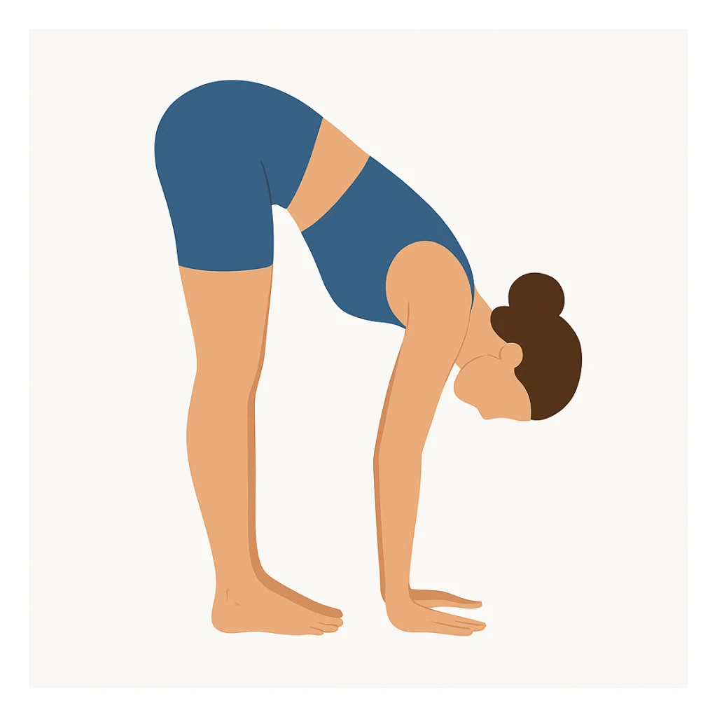 "Minimalist flat vector illustration of a woman doing yoga in forward fold pose (Uttanasana), wearing sportswear (blue top and blue shorts), brown hair in a bun, clean white background, no face details, elegant style" sticker