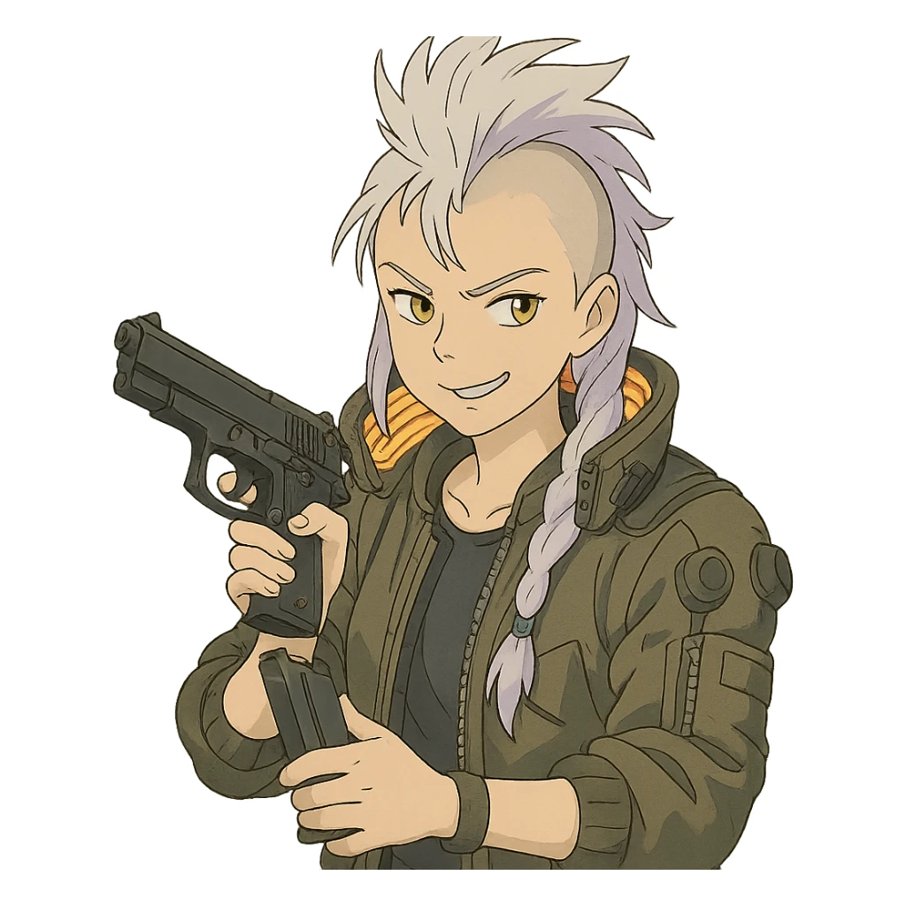 1 female, gold yellow eyes, white hair lavender tips, long white braid, unruly locks in front, mohawk, wearing trademark cyberpunk jacket with the lit up inner collar, reloading a m9 pistol with a smirk sticker
