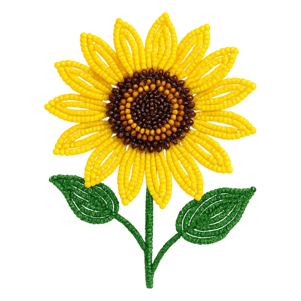 french beaded sunflower, stylized, vibrant yellow beads, green beaded leaves, delicate craftsmanship, isolated, no background sticker