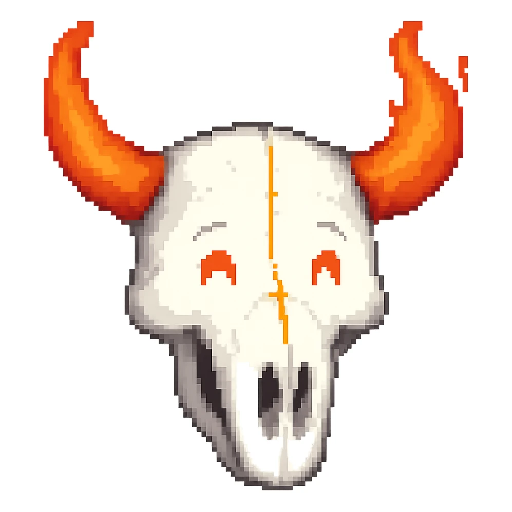 Make the white bull skull with bright red-orange flaming horns look less scary, give it a friendly and approachable expression, keep the style consistent. Remove the background. sticker