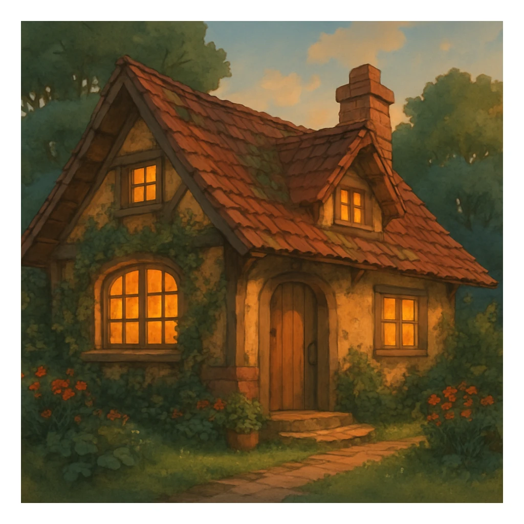 cozy cottage, warm lighting, ghibli style, inviting and charming sticker