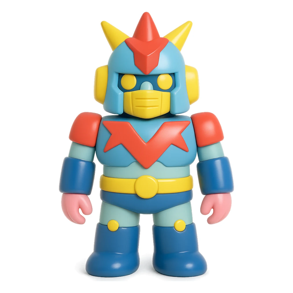 Voltes V robot in a 3D collectible figure style, glossy surface, bold colors sticker
