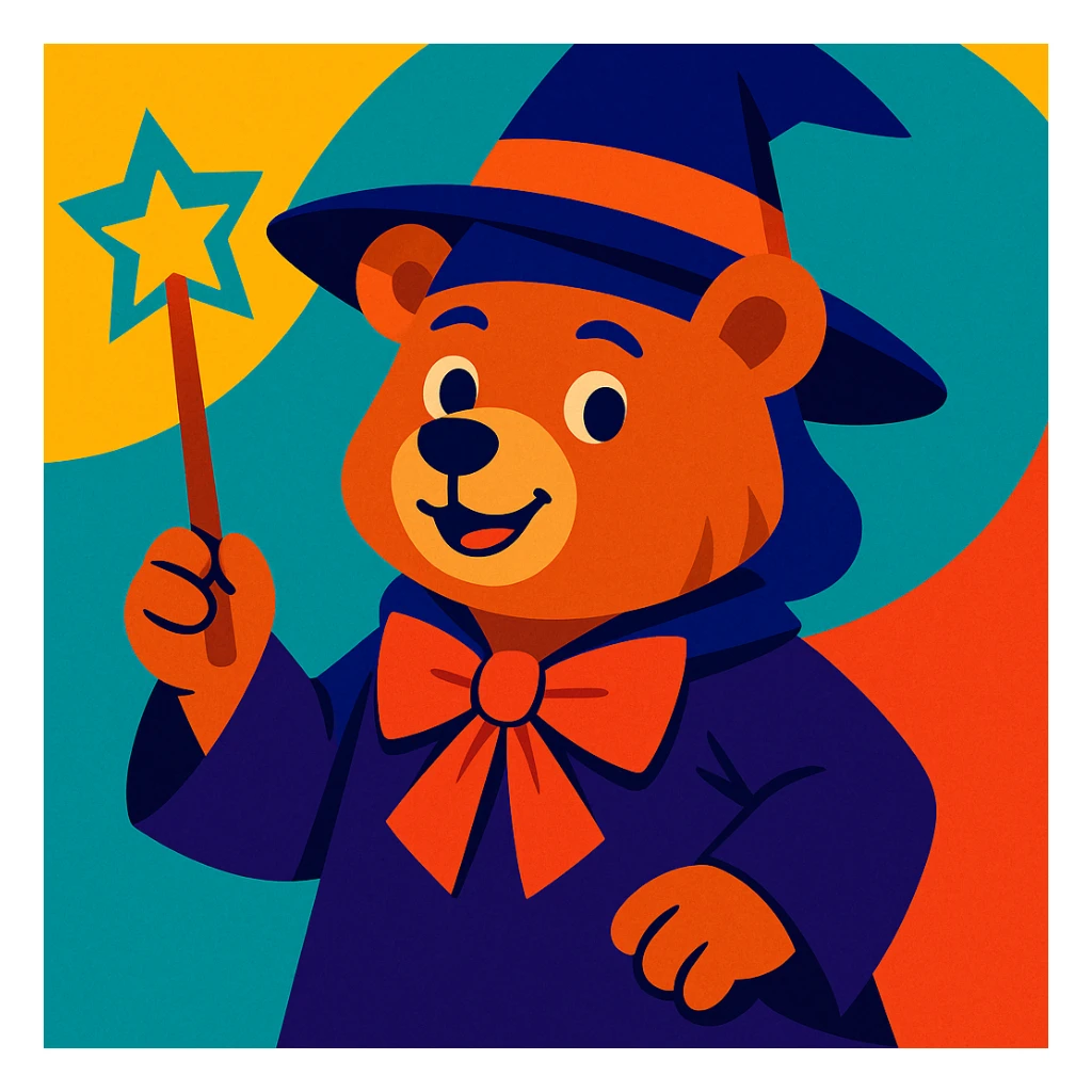 a bear with human-like features, wearing a witch costume and holding a wand, whimsical style sticker
