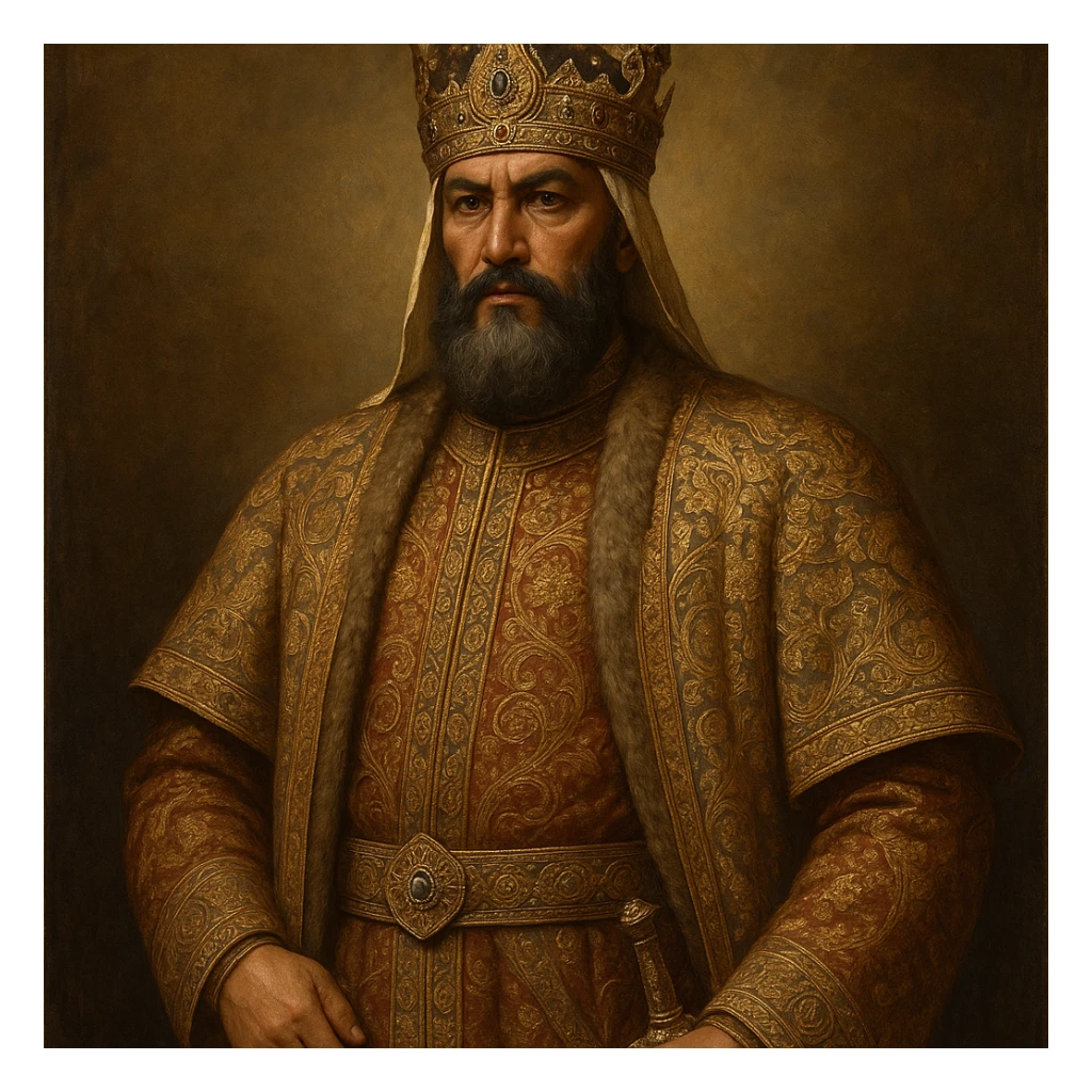 ancient Turkish Seljuk emperor, regal attire, ornate crown, historical accuracy, intricate patterns, majestic pose sticker