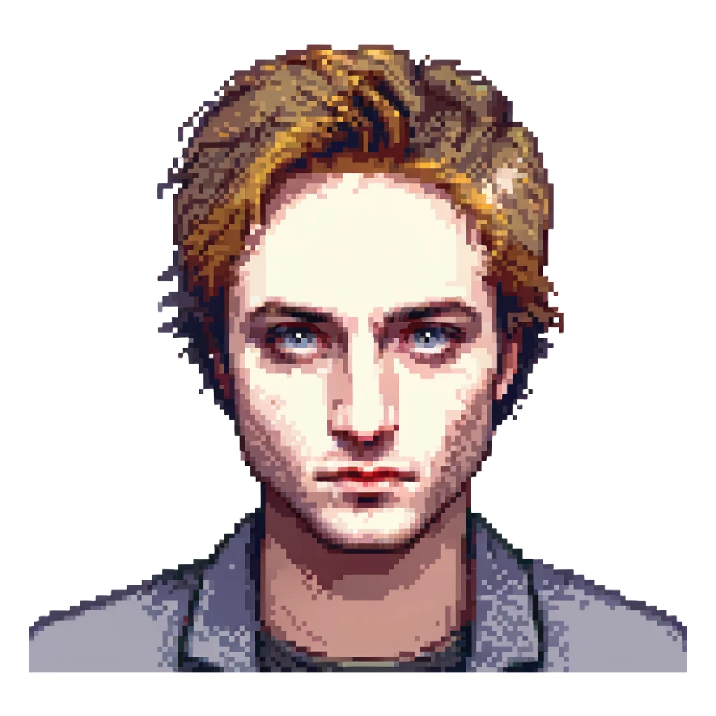 Pixel art portrait of Robert Pattinson, recognizable face, short hair, subtle shading sticker