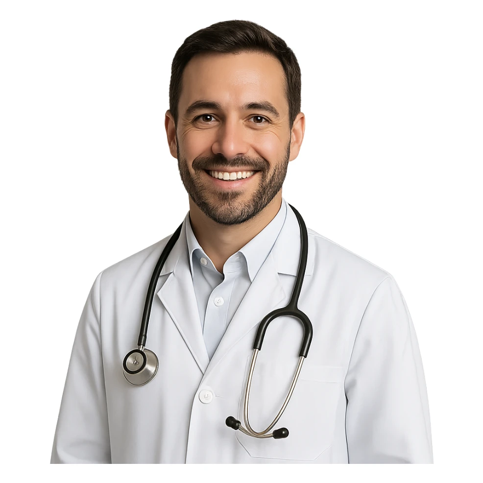 doctor, medical professional, stethoscope, friendly expression, white coat sticker