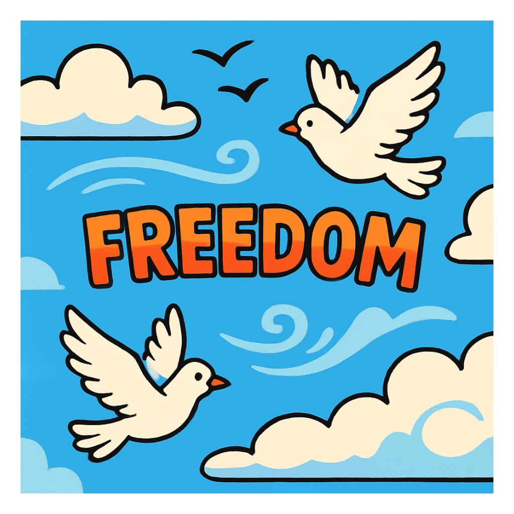 the concept of freedom, open sky with clouds, cartoon style sticker