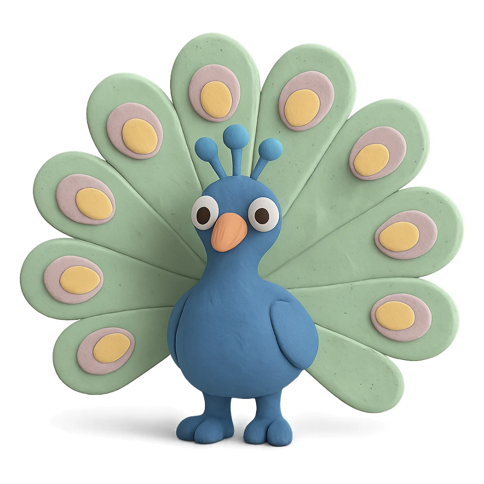 peacock with fanned colorful feathers, visible fingerprints, pastel colors, claymation style sticker