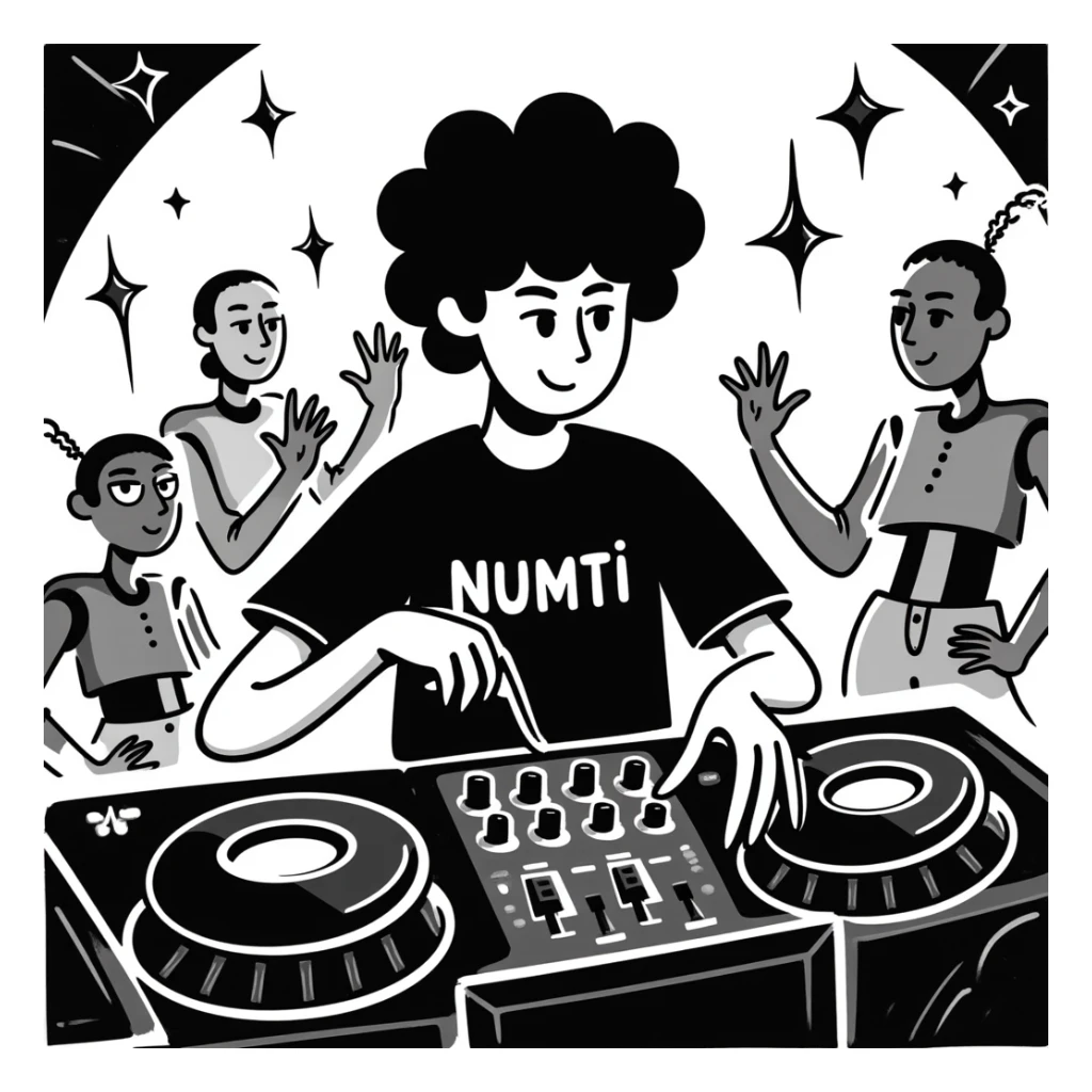humanoid robot DJ at a neon-lit party, wearing a black t-shirt with glowing 'NUMTI' text, DJ booth featuring LED waveforms, lasers, and smoke, dancing robots and holographic displays in the background, energetic and futuristic scene emphasizing creativity sticker