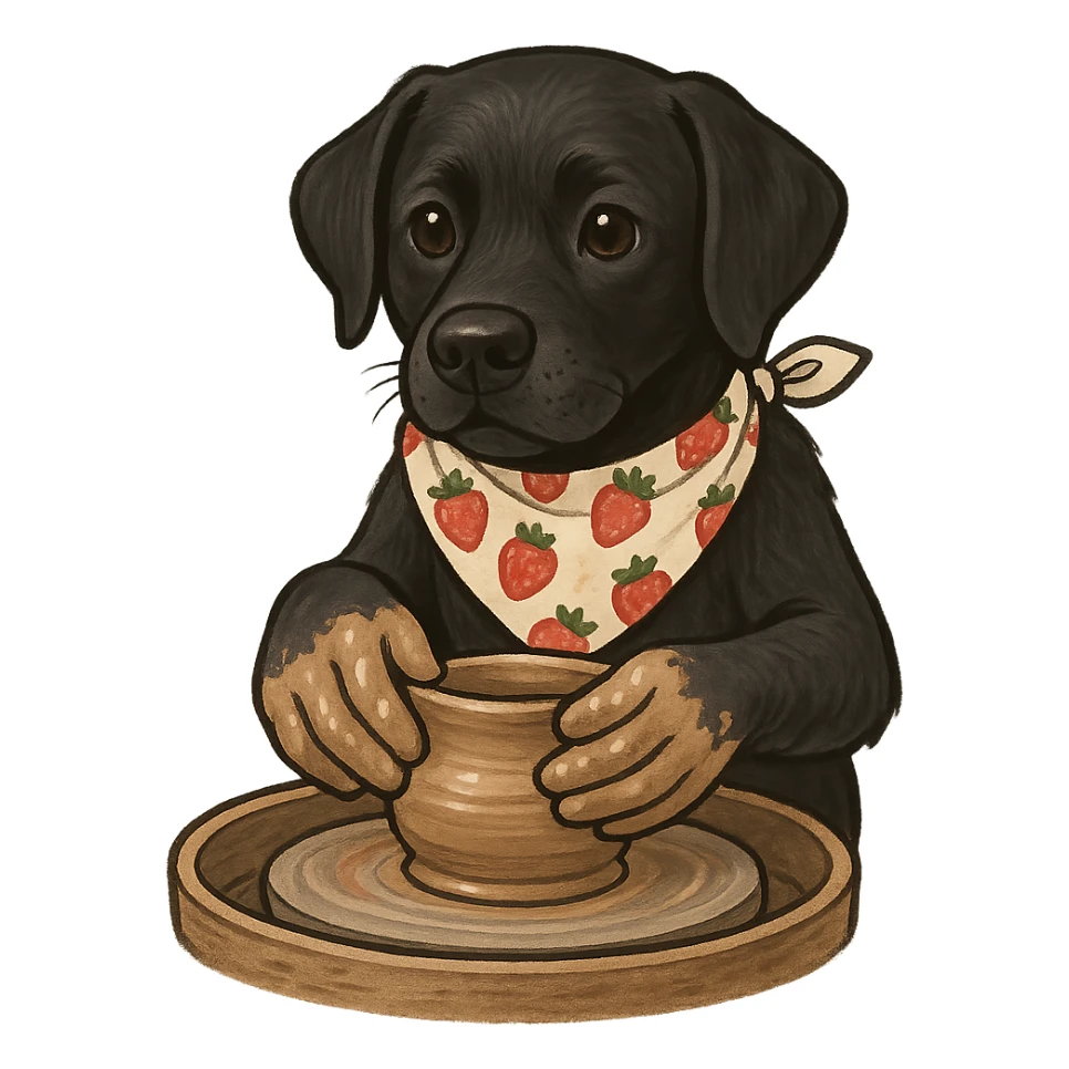 black labrador dog wearing a strawberry-patterned bandana, making pottery on a pottery wheel, hands covered in clay, cute and focused, consistent style sticker