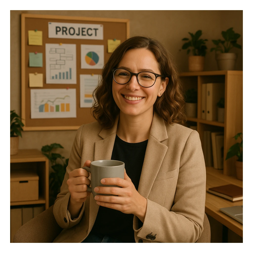 a relaxed and happy female project manager holding a coffee cup in a cozy office setting sticker