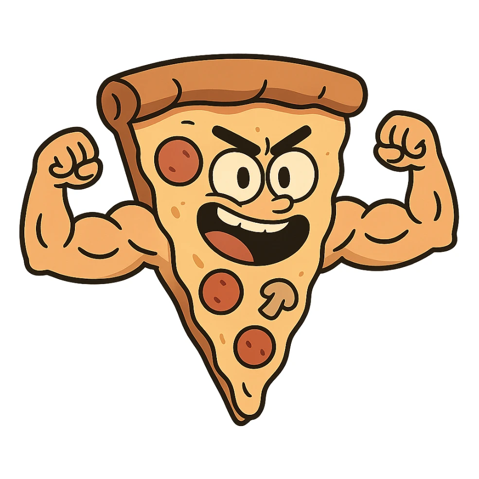 slice of pizza with muscular arms, cartoon style, energetic expression sticker