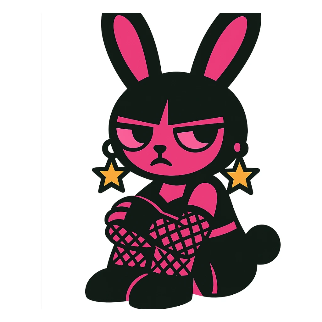 gothic bunny with black and pink colors, fishnet gloves, star-shaped earrings, vibrant toon style sticker