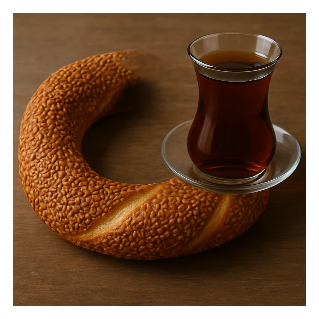 Add a traditional Turkish tea glass next to the simit, keeping the realistic style, matching the lighting and shadows. sticker