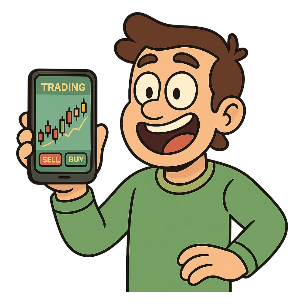 phone displaying a colorful trading app, flat modern style, bright saturated colors with greens, golds, reds, minimal but expressive, universal look sticker