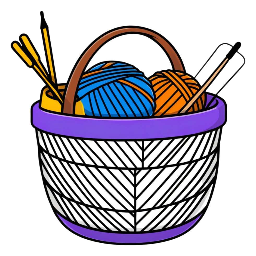 colorful yarn basket with knitting needles sticker