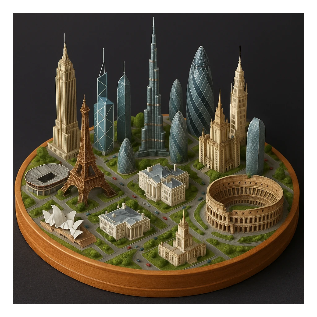 Оставь основу картинки - деревянную подставку, но при этом сгенерируй изометричную, яркая, детализированную и фотореалистичную модель где будет самые узнаваемые здания мира - Эмпайр Стейт Билдинг, Эйфелева башня, Колизей, Сиднейская опера, стадион Сан-Сиро, Белый Дом Пизанская башня, здание МГУ, Бурдж-Халифа, Башни Петронас, Небоскрёб Фостера в Лондоне, Рейхстаг, Тайбэй. Здания не должны повторять и должны быть на картинке в единственном экземпляре sticker