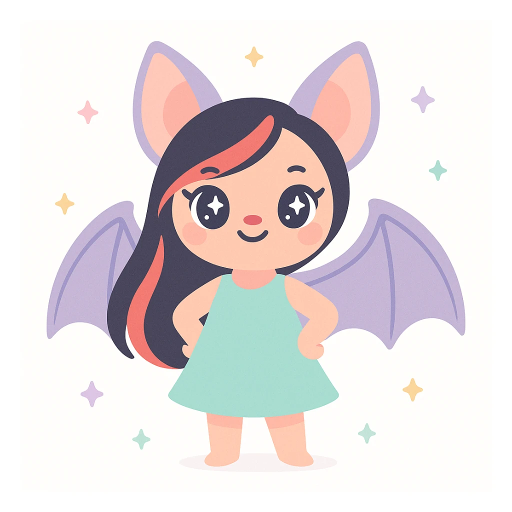 stylish female bat with long black and red hair, confident expression, modern character art sticker