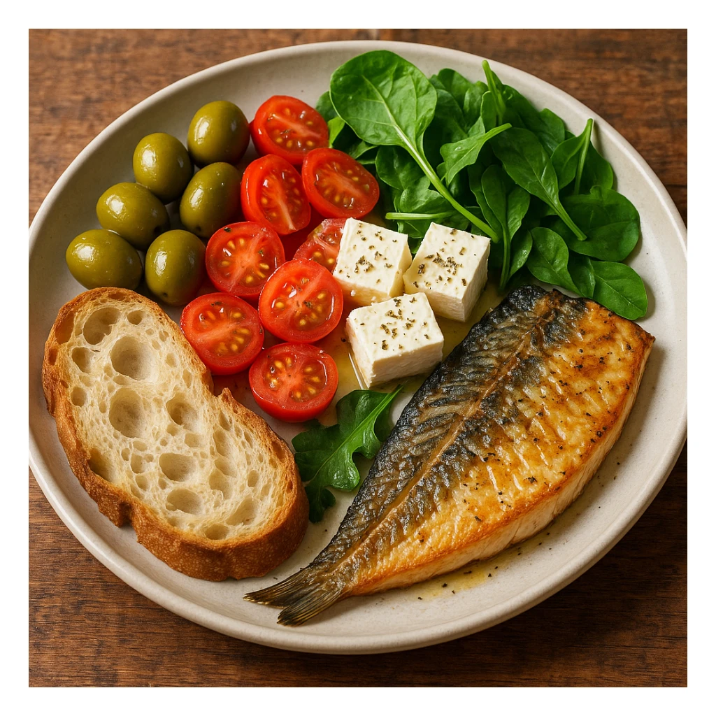 realistic illustration of a colorful Mediterranean meal plate with olives, tomatoes, feta cheese, grilled fish, bread, and fresh greens sticker